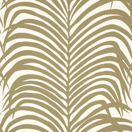 Zebra Palm Khaki wallpaper by Schumacher featuring a bold palm leaf pattern in khaki and white.