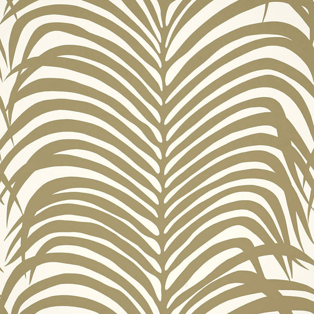 Zebra Palm Khaki wallpaper by Schumacher featuring a bold palm leaf pattern in khaki and white.