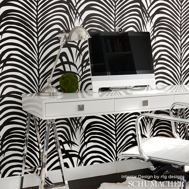 Zebra Palm Ebony by Schumacher Bold Black Palm Leaf Wallpaper – Schumacher 5006932
