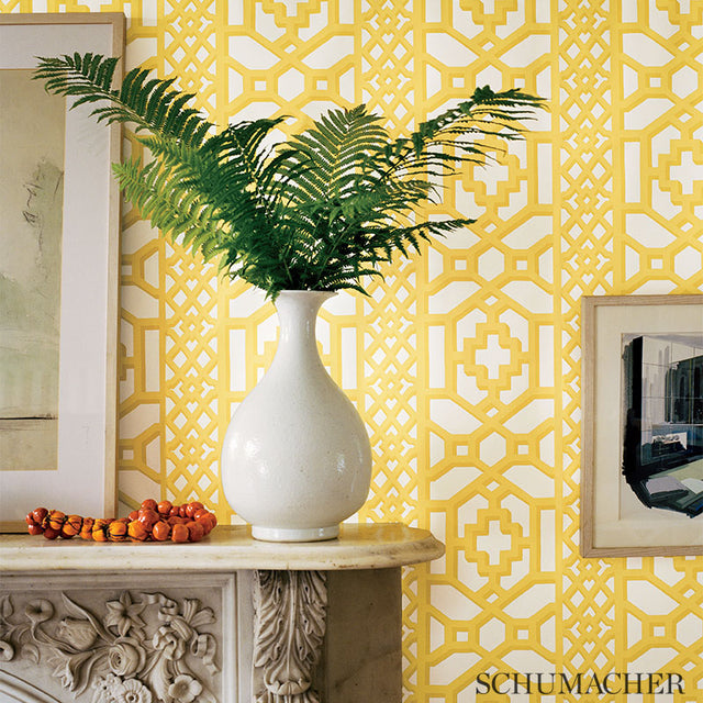 Zanzibar Trellis Canary by Schumacher Modern Geometric Trellis Wallpaper – Schumacher 5006940
