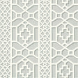 Zanzibar Trellis wallpaper in Cloud by Schumacher features a geometric fretwork trellis pattern inspired by Elsie de Wolfe, shown in soft neutral tones.