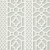Zanzibar Trellis wallpaper in Cloud by Schumacher features a geometric fretwork trellis pattern inspired by Elsie de Wolfe, shown in soft neutral tones.