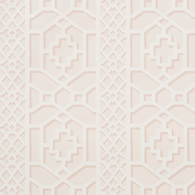 Zanzibar Trellis Blush geometric trellis wallpaper by Schumacher, pattern 5006944, modern blush and white fretwork design