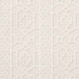 Zanzibar Trellis Blush geometric trellis wallpaper by Schumacher, pattern 5006944, modern blush and white fretwork design