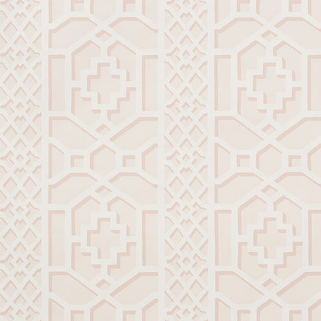 Zanzibar Trellis Blush geometric trellis wallpaper by Schumacher, pattern 5006944, modern blush and white fretwork design