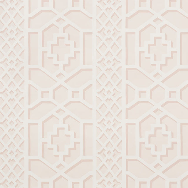 Zanzibar Trellis Blush geometric trellis wallpaper by Schumacher, pattern 5006944, modern blush and white fretwork design