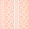 Zanzibar Trellis wallpaper in coral by Schumacher, featuring a bold geometric fretwork pattern inspired by Elsie de Wolfe's trellised rooms.