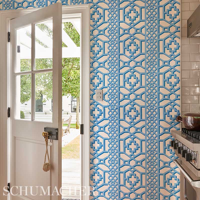 Zanzibar Trellis Blue by Schumacher Geometric Trellis Wallpaper – Schumacher 5006947