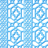 Zanzibar Trellis blue geometric trellis wallpaper by Schumacher shown in a kitchen interior and close-up pattern views.