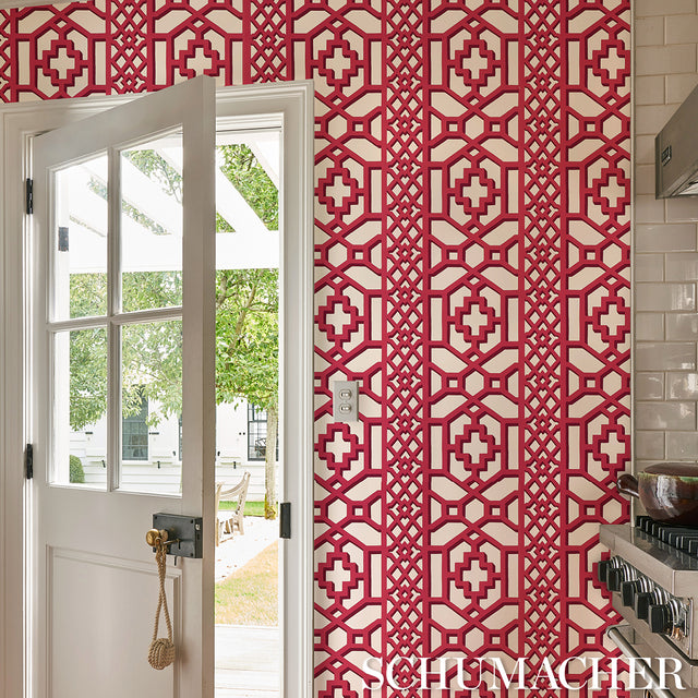 Zanzibar Trellis Lacquer Red by Schumacher Geometric Fretwork Wallpaper – Schumacher 5006948
