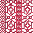 Zanzibar Trellis lacquer red geometric fretwork wallpaper by Schumacher shown in a kitchen interior and close-up views.