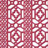 Zanzibar Trellis lacquer red geometric fretwork wallpaper by Schumacher shown in a kitchen interior and close-up views.