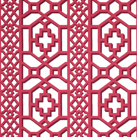 Zanzibar Trellis lacquer red geometric fretwork wallpaper by Schumacher shown in a kitchen interior and close-up views.