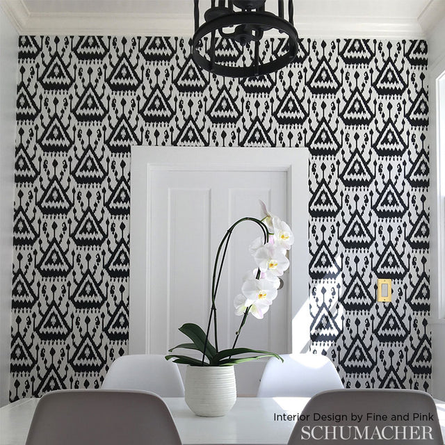 Vientiane Ikat Ebony by Schumacher Modern Black and White Ikat Wallpaper – Schumacher 5006951