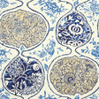 KATSUGI wallpaper in blues and cream with intricate floral and medallion patterns, styled in a bright living room interior.
