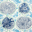 KATSUGI wallpaper in cobalt and turquoise by Schumacher, featuring large-scale medallion motifs with intricate floral patterns.