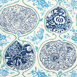 KATSUGI wallpaper in cobalt and turquoise by Schumacher, featuring large-scale medallion motifs with intricate floral patterns.