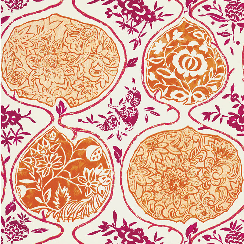 KATSUGI wallpaper in Tangerine & Berry by Schumacher, featuring a whimsical Japanese-inspired painterly pattern with floral medallions.