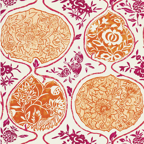KATSUGI wallpaper in Tangerine & Berry by Schumacher, featuring a whimsical Japanese-inspired painterly pattern with floral medallions.