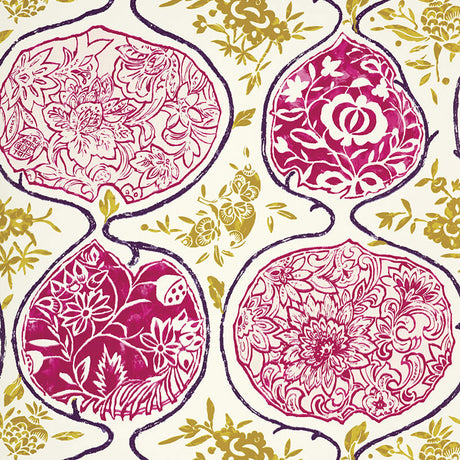 KATSUGI wallpaper in fuchsia and chartreuse by Schumacher, featuring large-scale pomegranate motifs with intricate floral detailing.