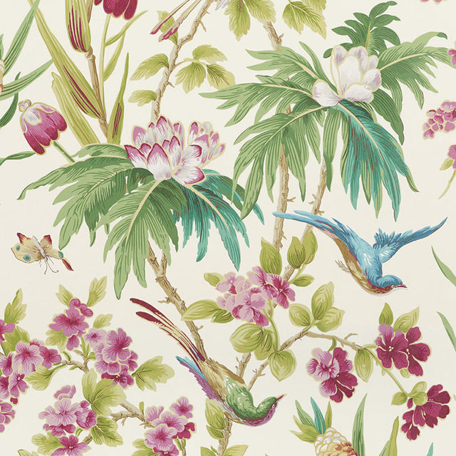 Seychelles Ivory wallpaper with tropical birds and lush floral pattern by Schumacher