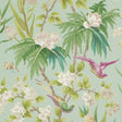 Seychelles Sea wallpaper by Schumacher featuring brightly plumed birds and lush tropical blooms on a sea green background.