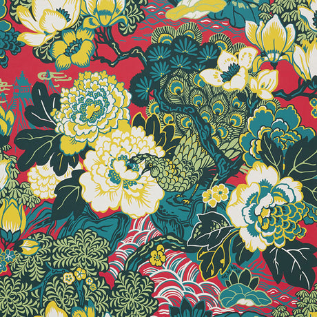 Shanghai Peacock wallpaper in Cerise by Schumacher, featuring vibrant peacocks and florals on a bold background.