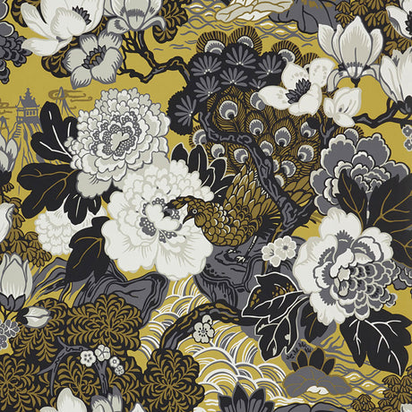 Shanghai Peacock wallpaper in Brass by Schumacher, featuring a bold peacock and floral motif in gold, black, and white tones.