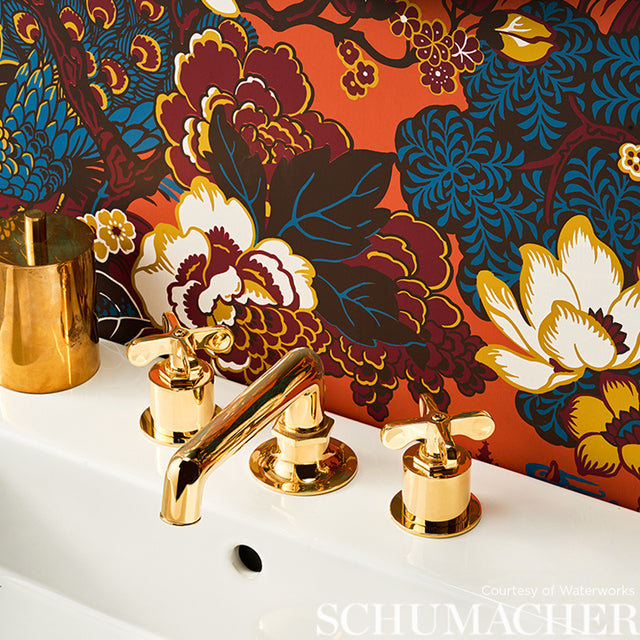 Shanghai Peacock Cinnabar by Schumacher Exuberant Prints Wallpaper – Schumacher 5006992