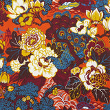 Shanghai Peacock wallpaper in Cinnabar by Schumacher, featuring vibrant peacocks and florals in red, blue, yellow, and cream.