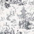 Chinois Smoke by Schumacher - Scenic chinoiserie wallpaper in a smoke gray colorway featuring intricate pagodas, figures, and foliage.
