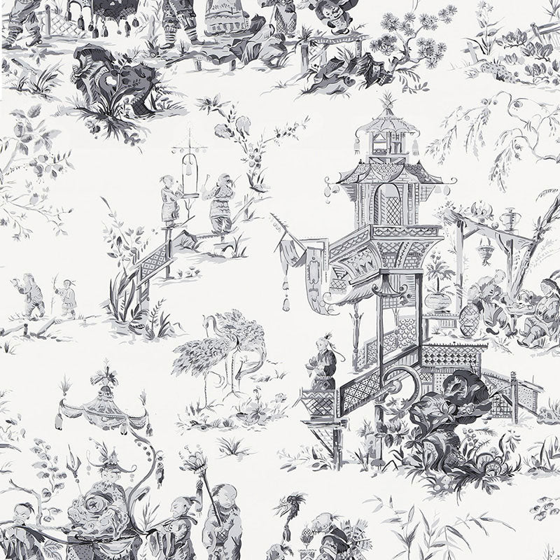 Chinois Smoke by Schumacher - Scenic chinoiserie wallpaper in a smoke gray colorway featuring intricate pagodas, figures, and foliage.