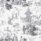 Chinois Smoke by Schumacher - Scenic chinoiserie wallpaper in a smoke gray colorway featuring intricate pagodas, figures, and foliage.