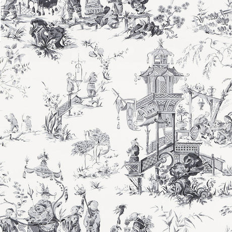 Chinois Smoke by Schumacher - Scenic chinoiserie wallpaper in a smoke gray colorway featuring intricate pagodas, figures, and foliage.