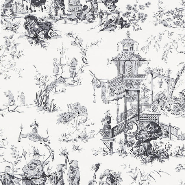 Chinois Smoke by Schumacher - Scenic chinoiserie wallpaper in a smoke gray colorway featuring intricate pagodas, figures, and foliage.