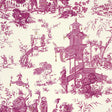 Chinoiserie style wallpaper in peony pink and white, featuring intricate scenes with pagodas, cranes, and figures in a traditional toile pattern.