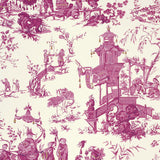 Chinoiserie style wallpaper in peony pink and white, featuring intricate scenes with pagodas, cranes, and figures in a traditional toile pattern.