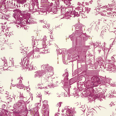 Chinoiserie style wallpaper in peony pink and white, featuring intricate scenes with pagodas, cranes, and figures in a traditional toile pattern.