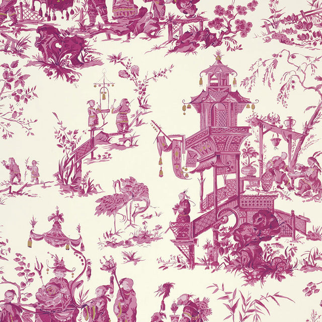 Chinoiserie style wallpaper in peony pink and white, featuring intricate scenes with pagodas, cranes, and figures in a traditional toile pattern.