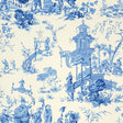 Chinois China Blue scenic toile wallpaper with intricate pagodas, figures, and foliage by Schumacher.