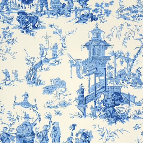 Chinois China Blue scenic toile wallpaper with intricate pagodas, figures, and foliage by Schumacher.