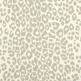 Iconic Leopard wallpaper in Linen by Schumacher, featuring a classic animal print pattern in neutral tones, shown in styled interior settings.