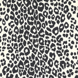 Iconic Leopard wallpaper in graphite by Schumacher, featuring a bold black and white animal print pattern on walls in various interior settings.