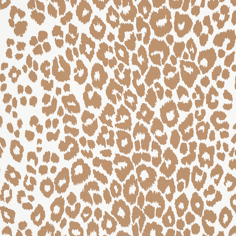 Iconic Leopard wallpaper in camel by Schumacher, featuring a bold animal print pattern in tan and white.