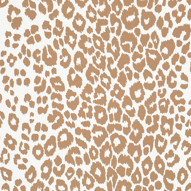 Iconic Leopard wallpaper in camel by Schumacher, featuring a bold animal print pattern in tan and white.