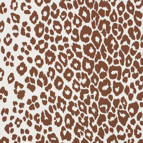 Brown and white leopard print wallpaper from Schumacher's Preppy Chic collection, shown in close-up and styled room settings.