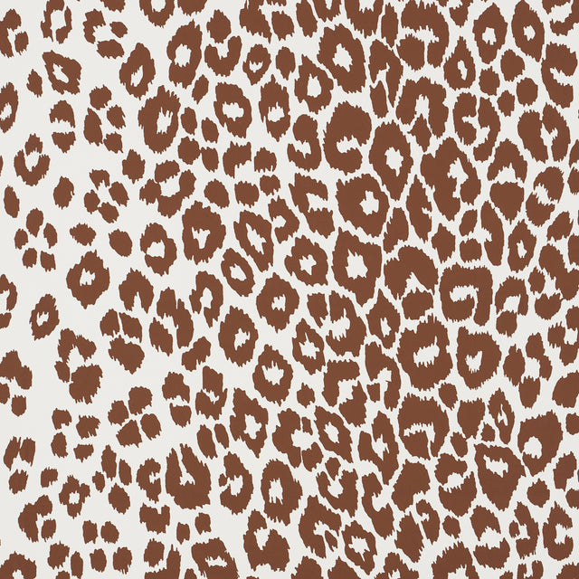 Brown and white leopard print wallpaper from Schumacher's Preppy Chic collection, shown in close-up and styled room settings.