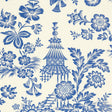 Blue and white Song Garden wallpaper with a graphic flower and pagoda pattern by Schumacher, shown in a bathroom setting.
