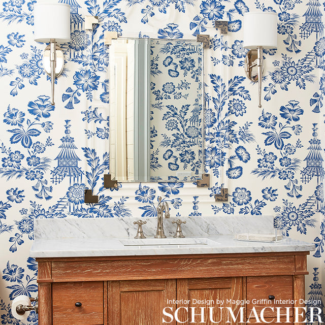 Song Garden Cocoa by Schumacher Chic Flower and Pagoda Wallpaper – Schumacher 5007032