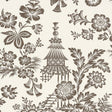 Song Garden wallpaper in cocoa, a chic graphic flower-and-pagoda pattern inspired by an 18th-century French document, by Schumacher.